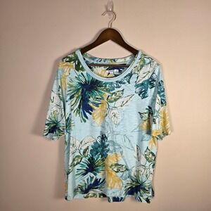 Chicos Tropical Palm Leaf Print Slub Knit Top Blue Green Yellow Size 2 Large